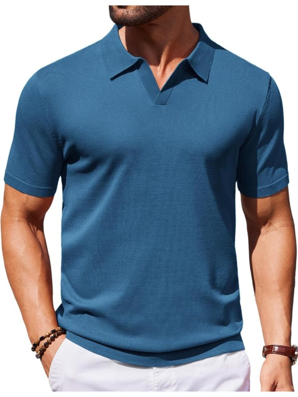Men's Denim Blue 100% Polyester V Neck Short Sleeve Stretch Knit Polo Shirt